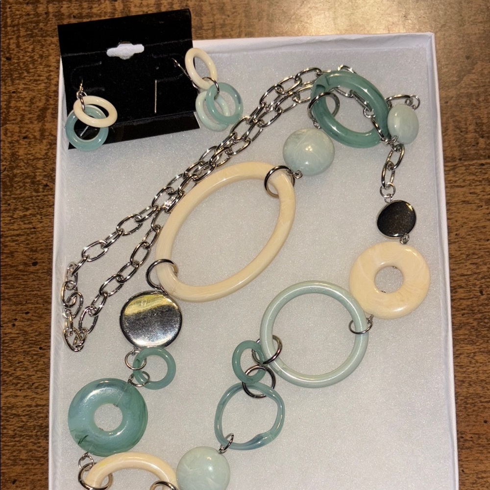 Elegant Cream, Blue and silver Necklace and Pierced Earrings Set